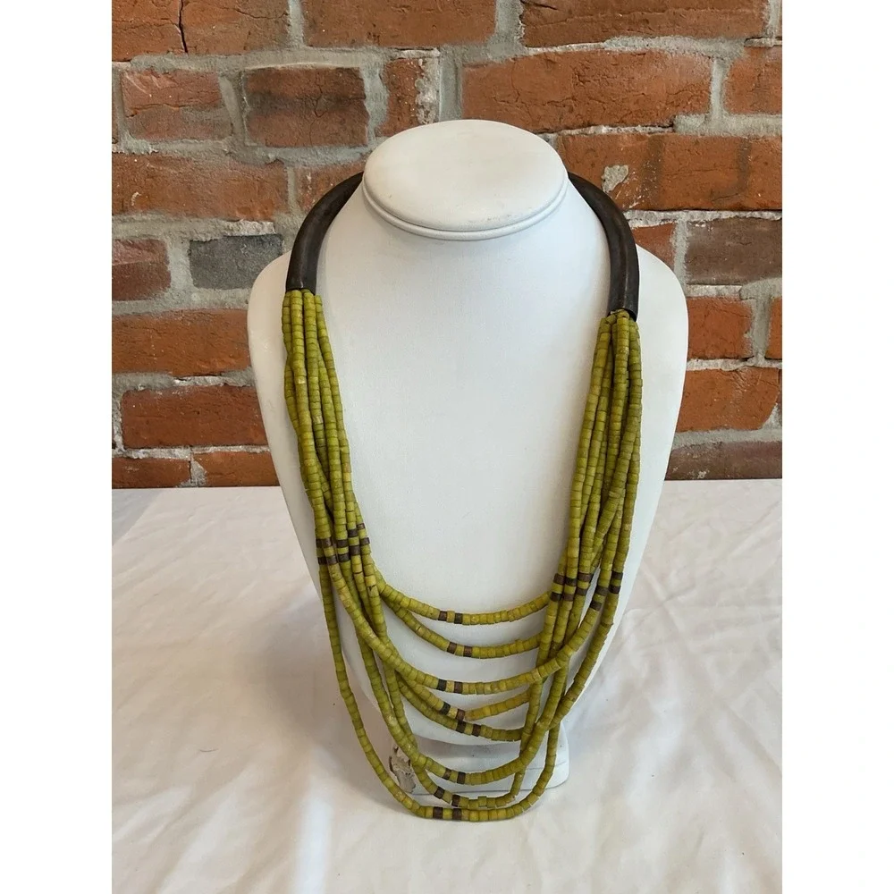 Green Multistrand Beaded Necklace Wooded Chunky Boho Hook Clasp Vintage African